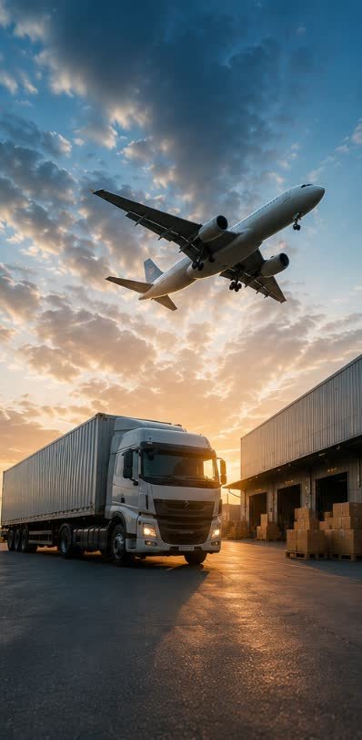 Vrachtvliegtuig in de lucht en een containertruck aan een magazijndock