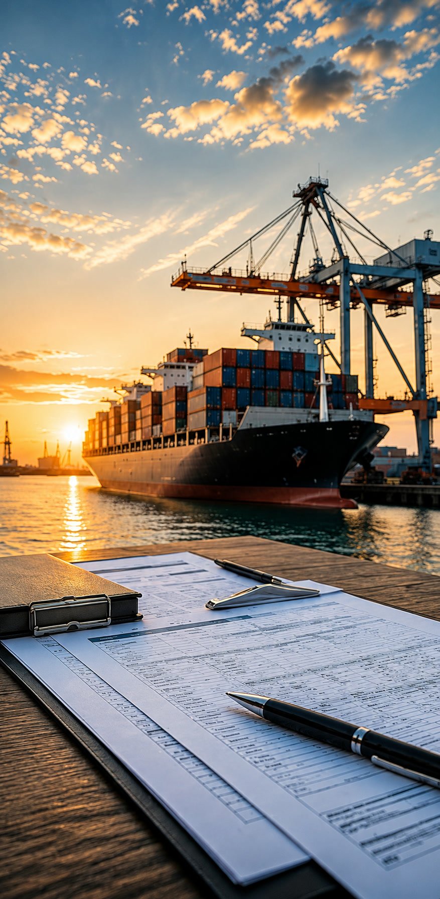 Verschepingsdocumenten op een klembord met een containerschip dat op de achtergrond laadt