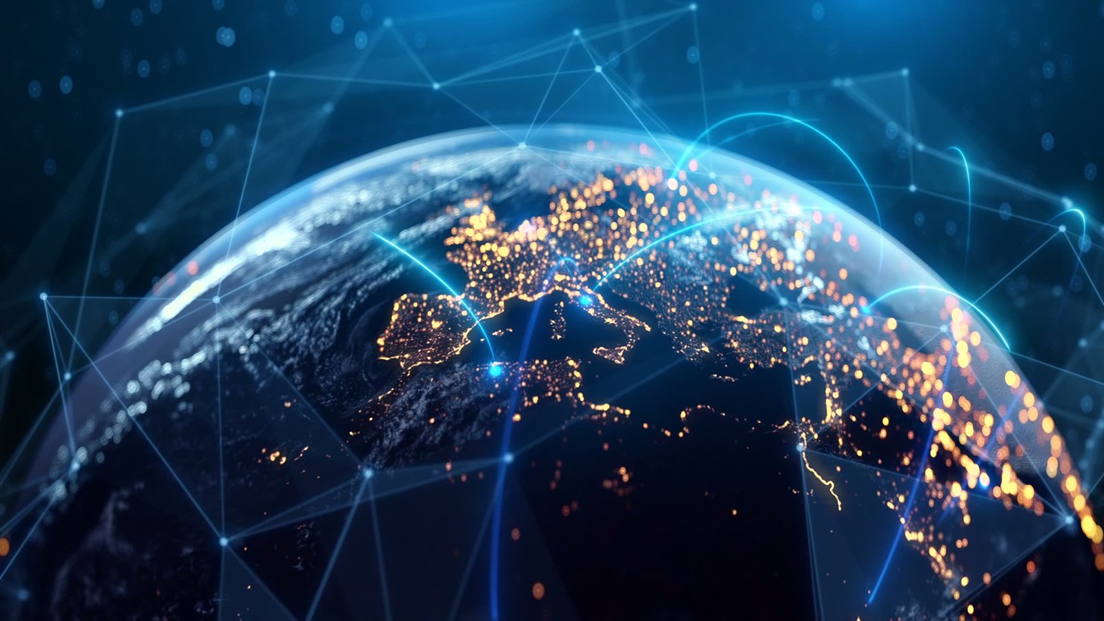 Een wereldbol bij nacht, waarbij stadslichten verbonden zijn door lijnen van bewegende data